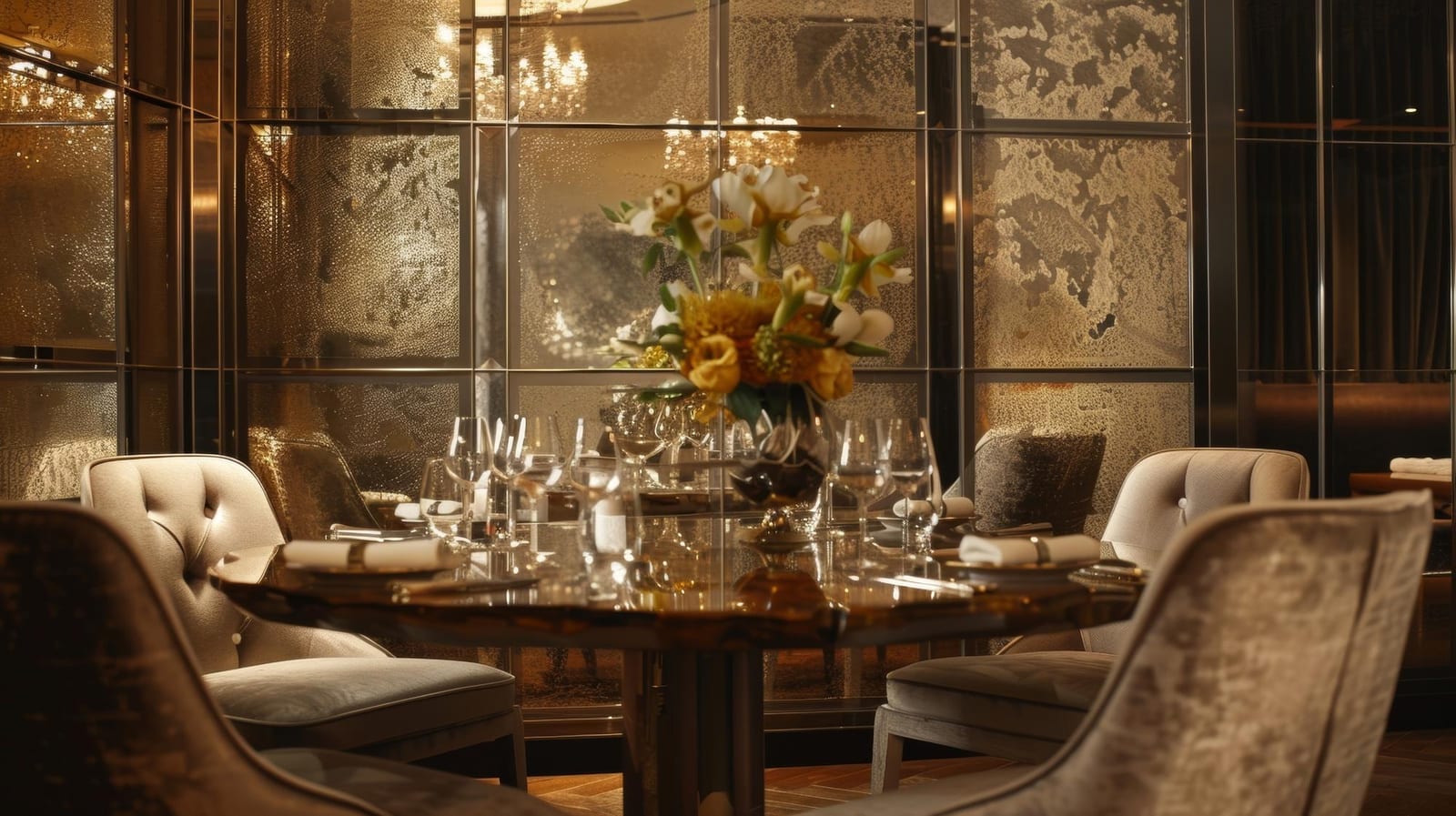 Salão de jantar elegante com mesa redonda reservada para grupo